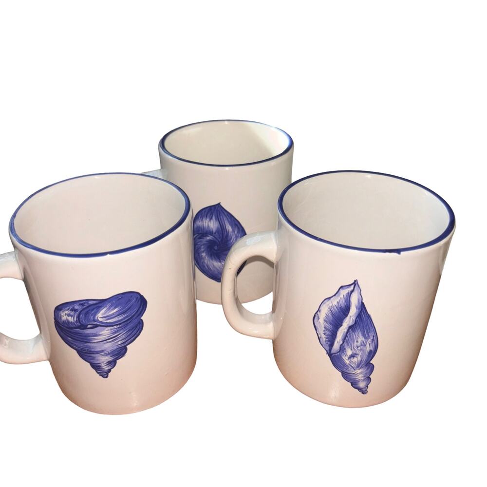 William Sonoma Set of 3 seashell Mugs Cups Seashells Nautical Beachy Seaside